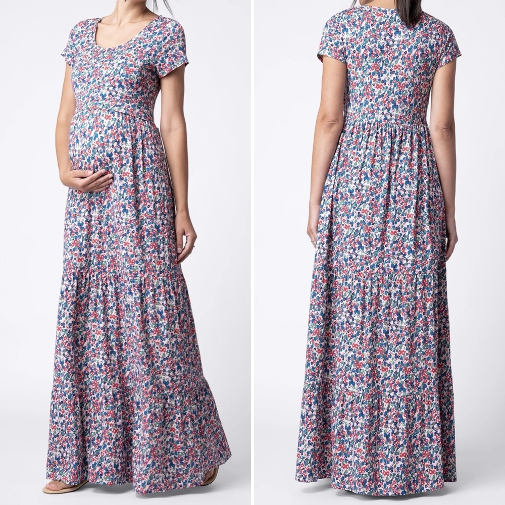SERAPHINE Nursing Maternity Maxi Dress Floral Pattern With Tiered Skirt Size 6